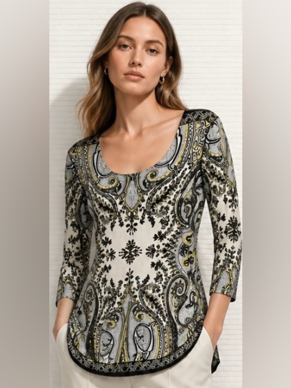 EVA VARRO Tunic Blouse Top White Brown Blue Scoop Geometric Small